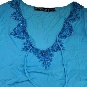Raya Sun Sz M Hand Embroidered Beads Turquoise Blue Beach Cover Up Resort Wear